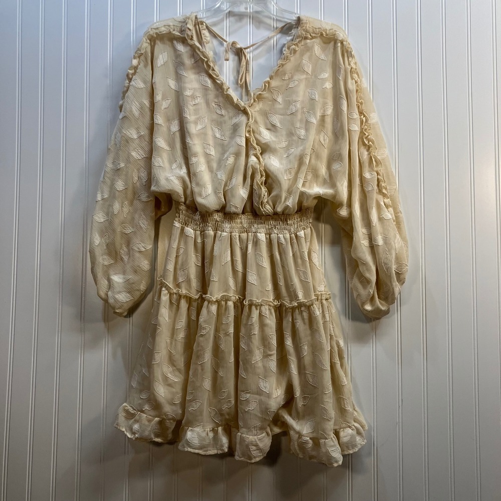 Peach Love California Cream Embroidered Leaf Smocked Tiered Mini Dress L Peasant